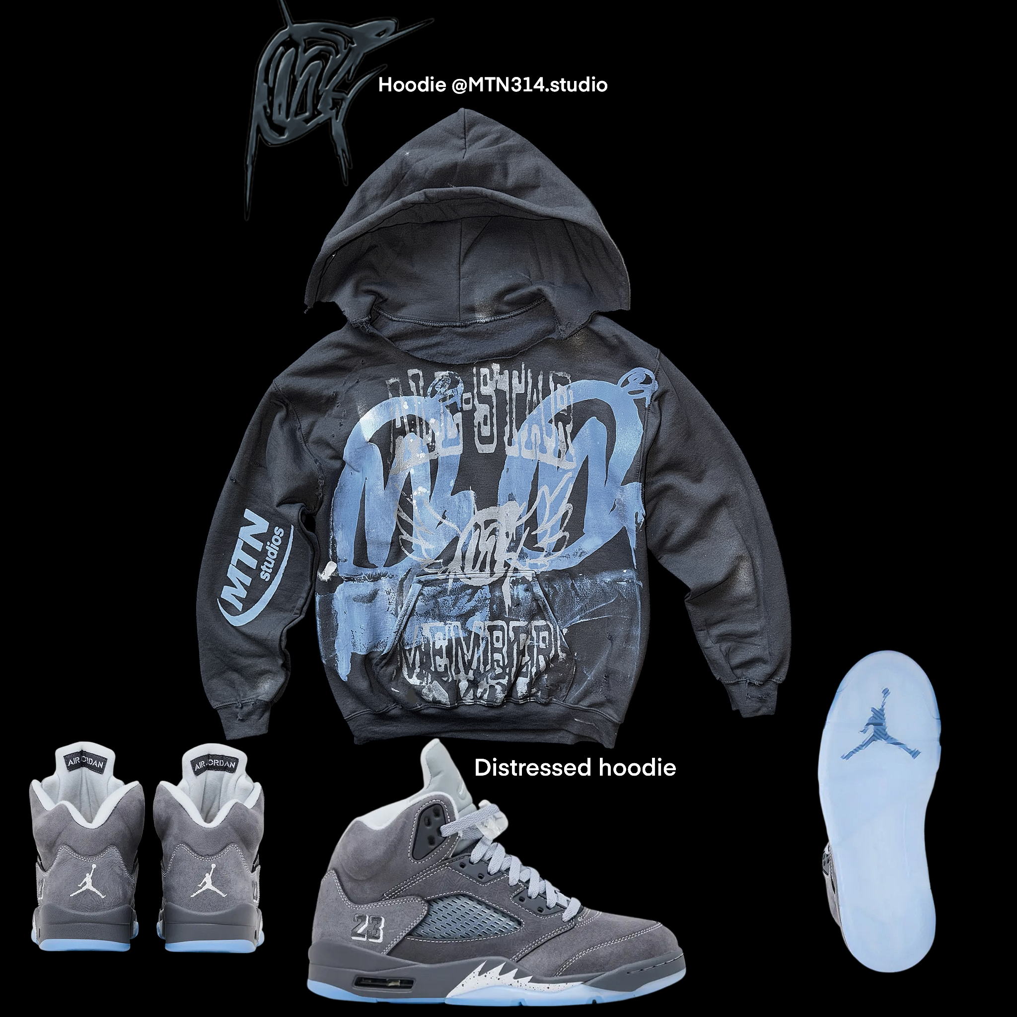 Distressed wolf Grey 5s Graffiti Hoodie