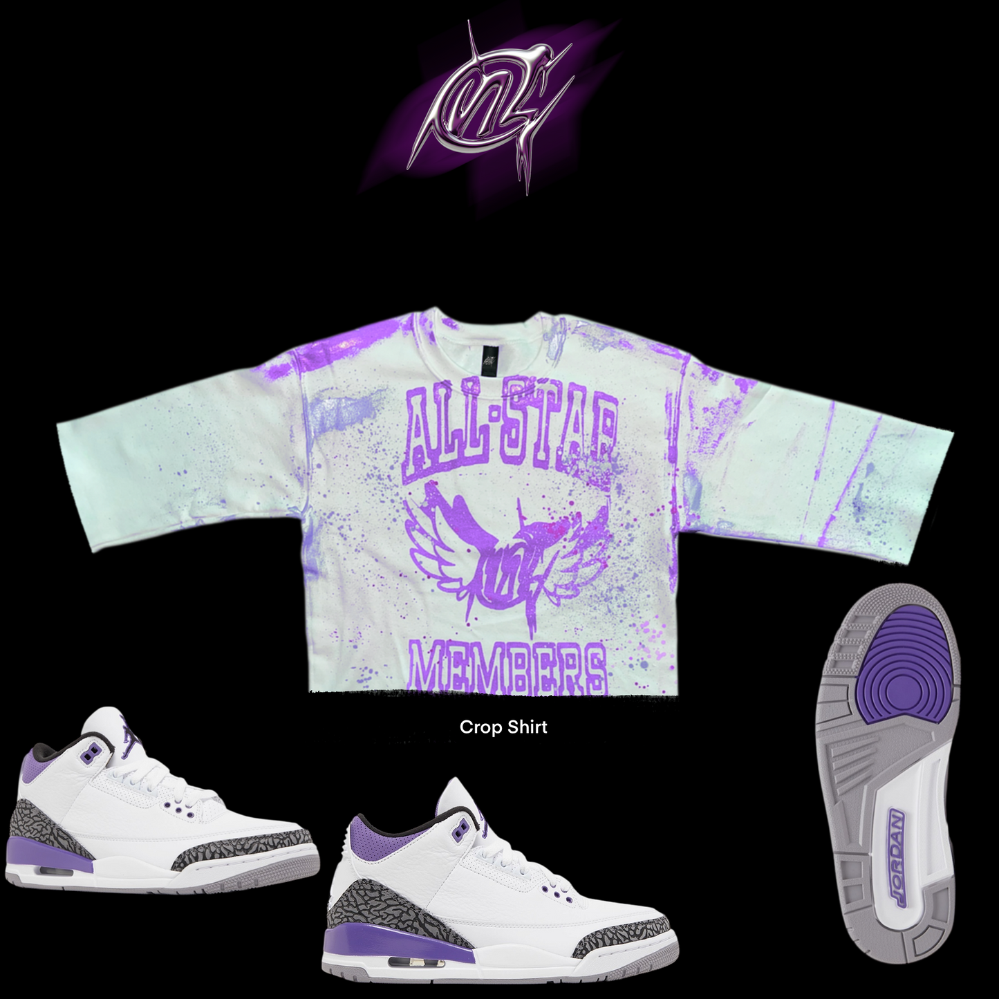 Crop Purple All Star rhinestone Graffiti Shirt