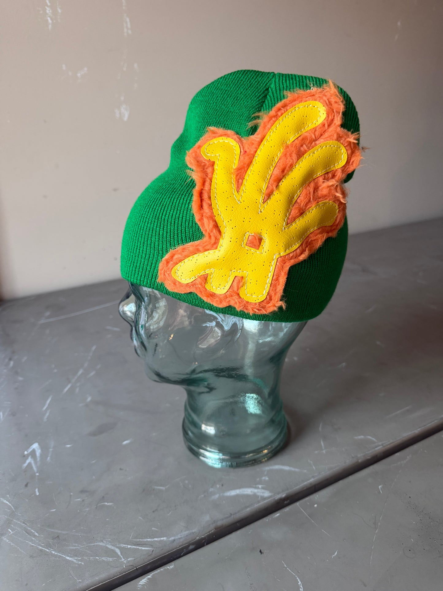 Green and Yellow Fur YKWYK Leather Patch Beanie