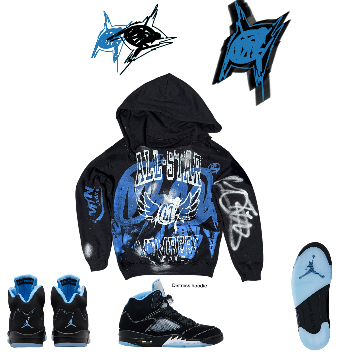 Distressed Carolina blue  Graffiti Hoodie