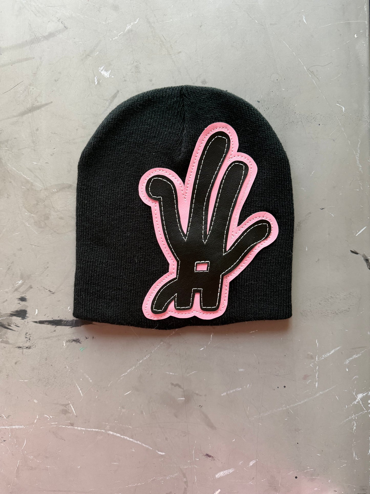 Baby pink and black  YKWYK Leather Patch Beanie