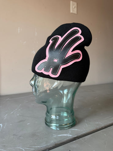 Baby pink and black  YKWYK Leather Patch Beanie