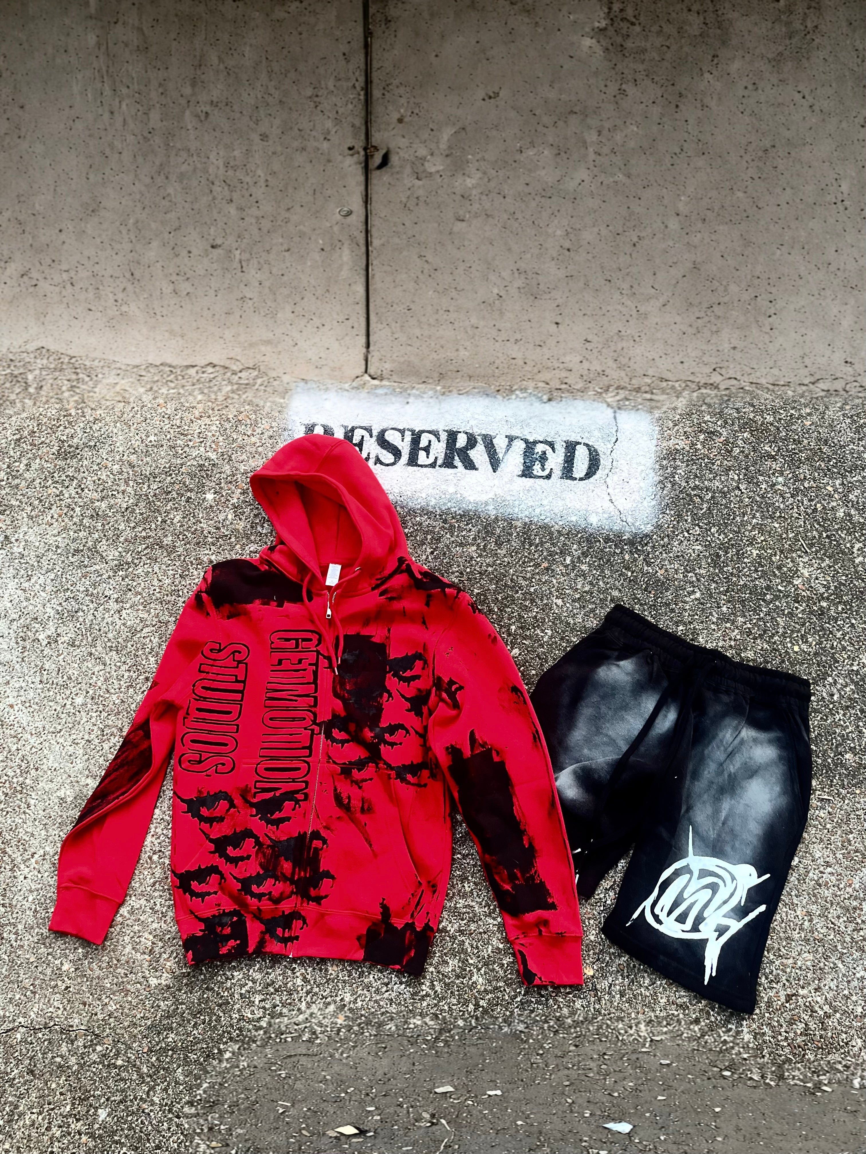 Red and black zip up set