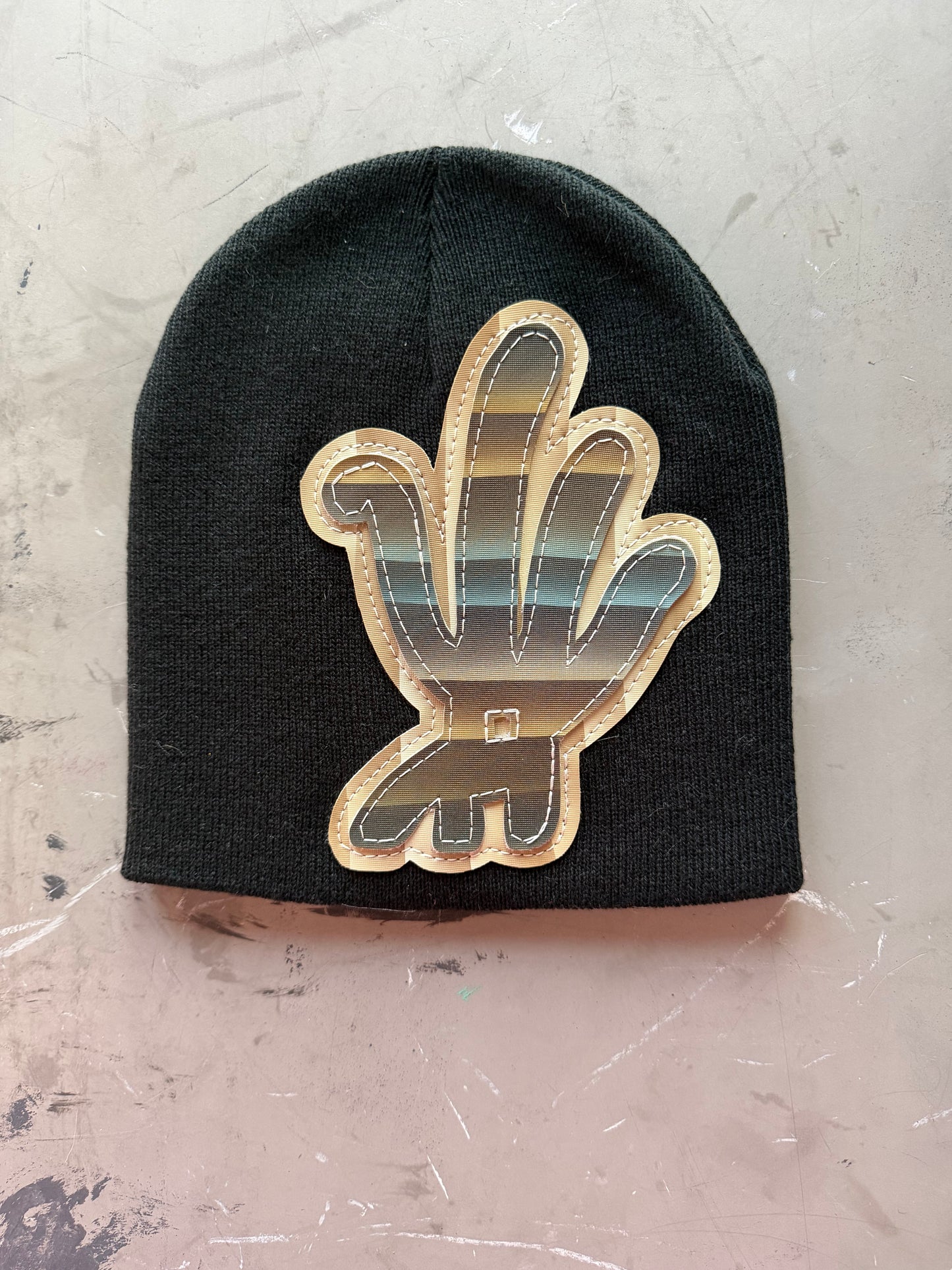 Black Plaid YKWYK Leather Patch Beanie