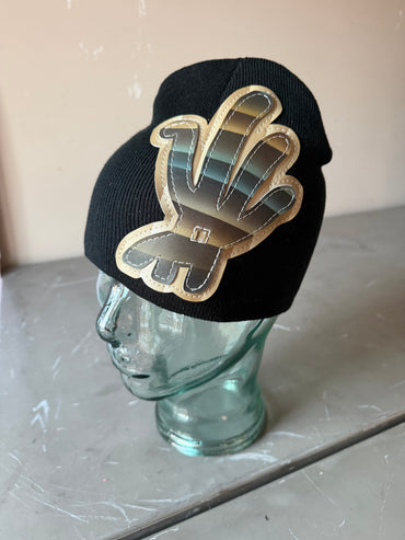 Black Plaid YKWYK Leather Patch Beanie