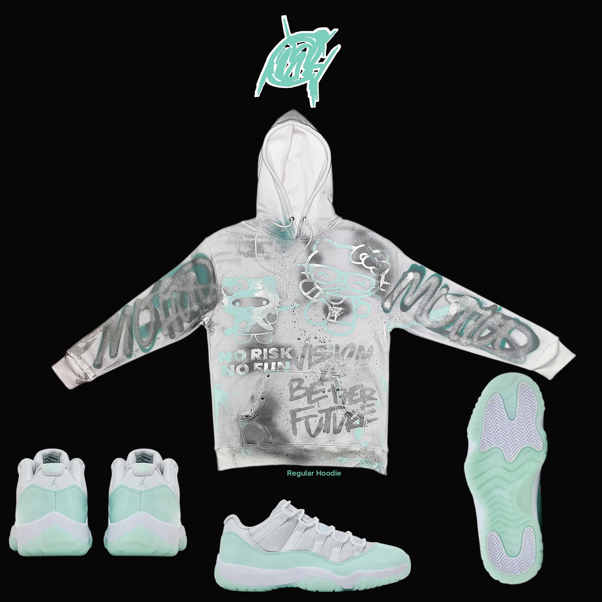 Mint green kitty graffiti hoodie