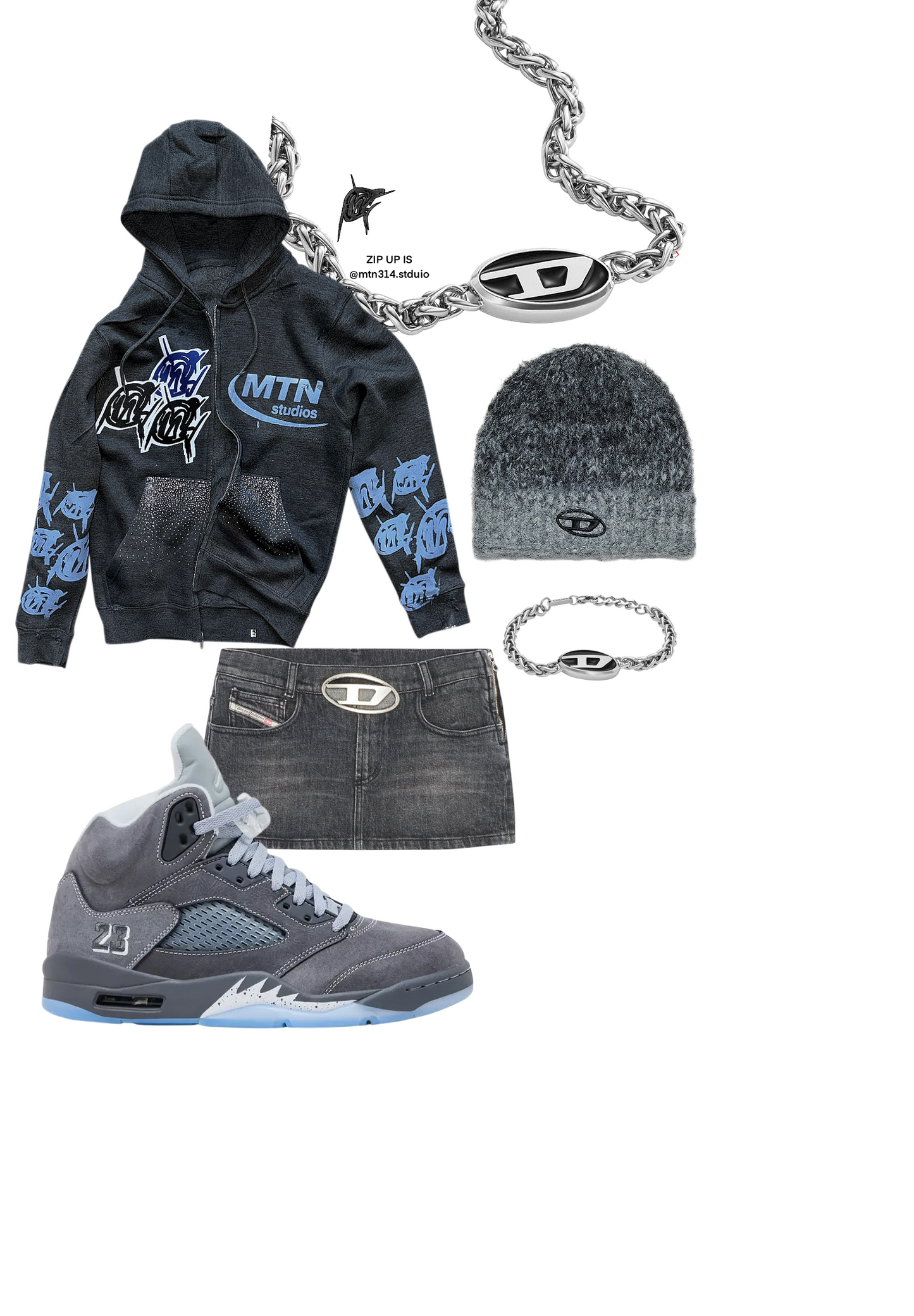 Wolf Grey 5s rhinestone ZIP-UP