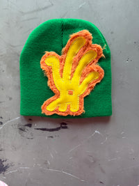 Green and Yellow Fur YKWYK Leather Patch Beanie
