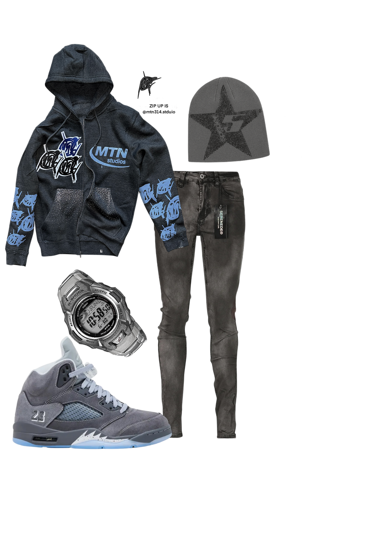 Wolf Grey 5s rhinestone ZIP-UP