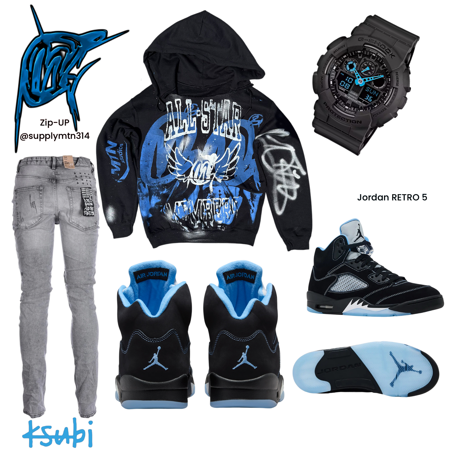 Distressed Carolina blue  Graffiti Hoodie