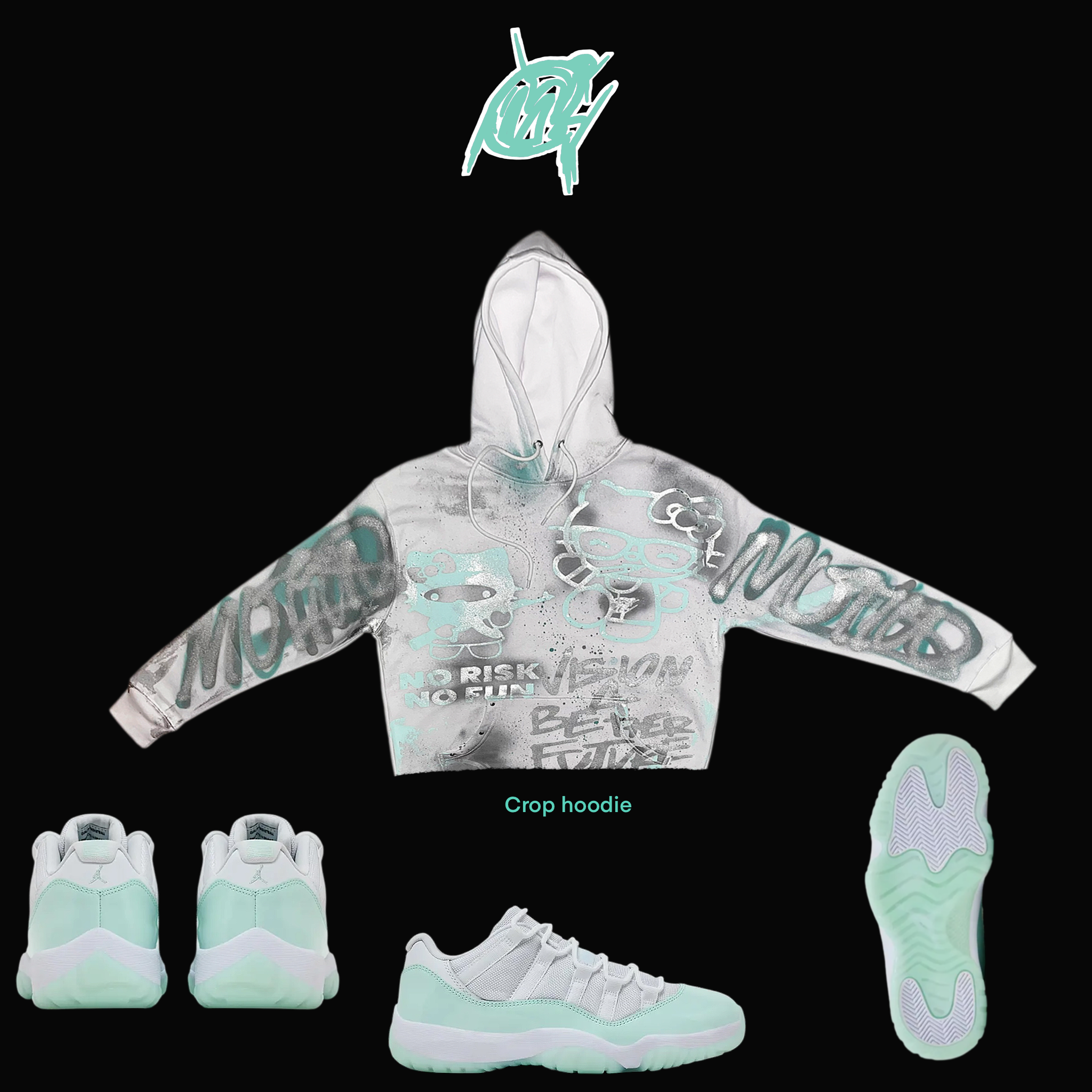 Crop Mint green kitty graffiti hoodie