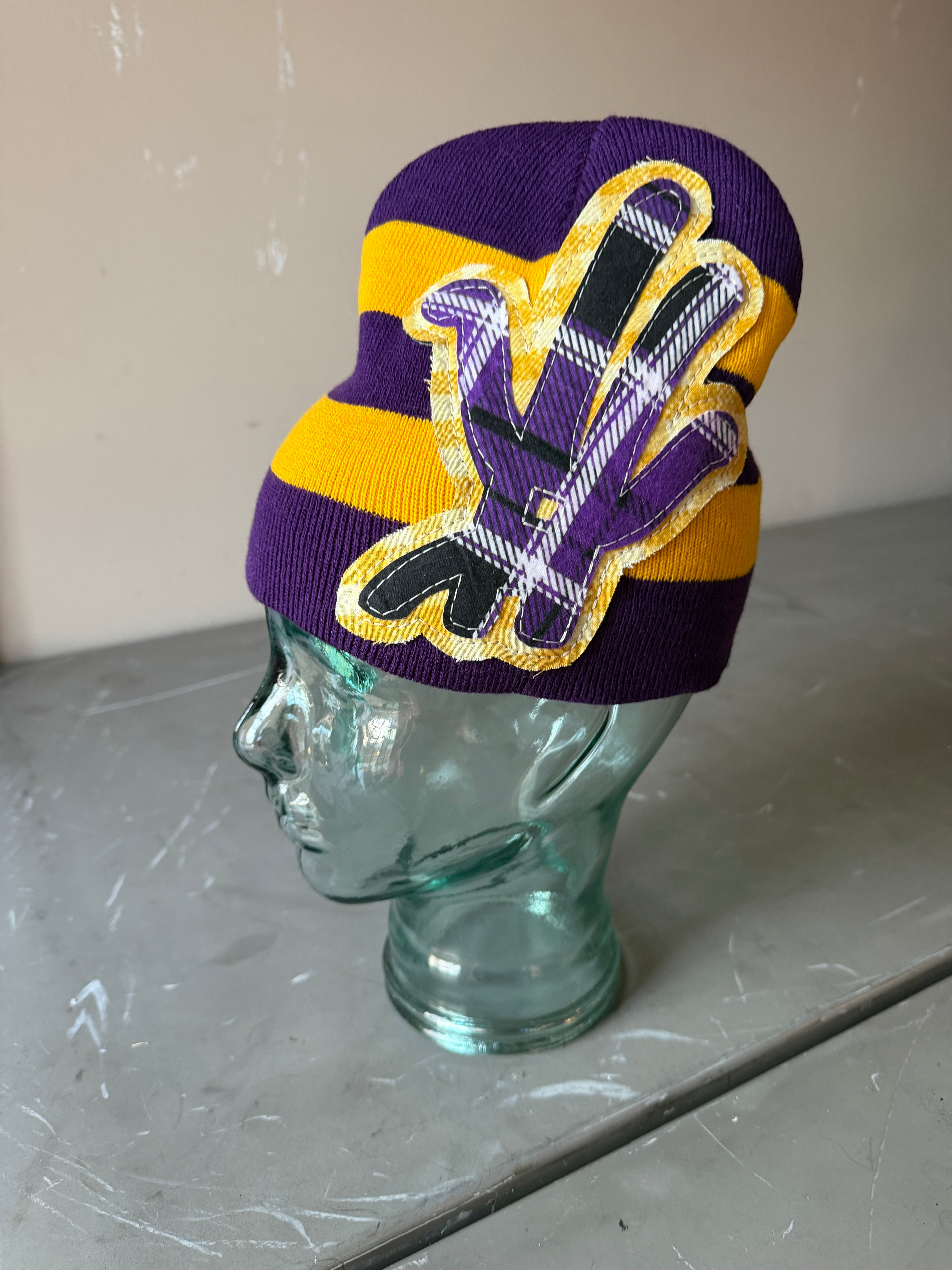 Yellow purple stripe YKWYK Leather Patch Beanie