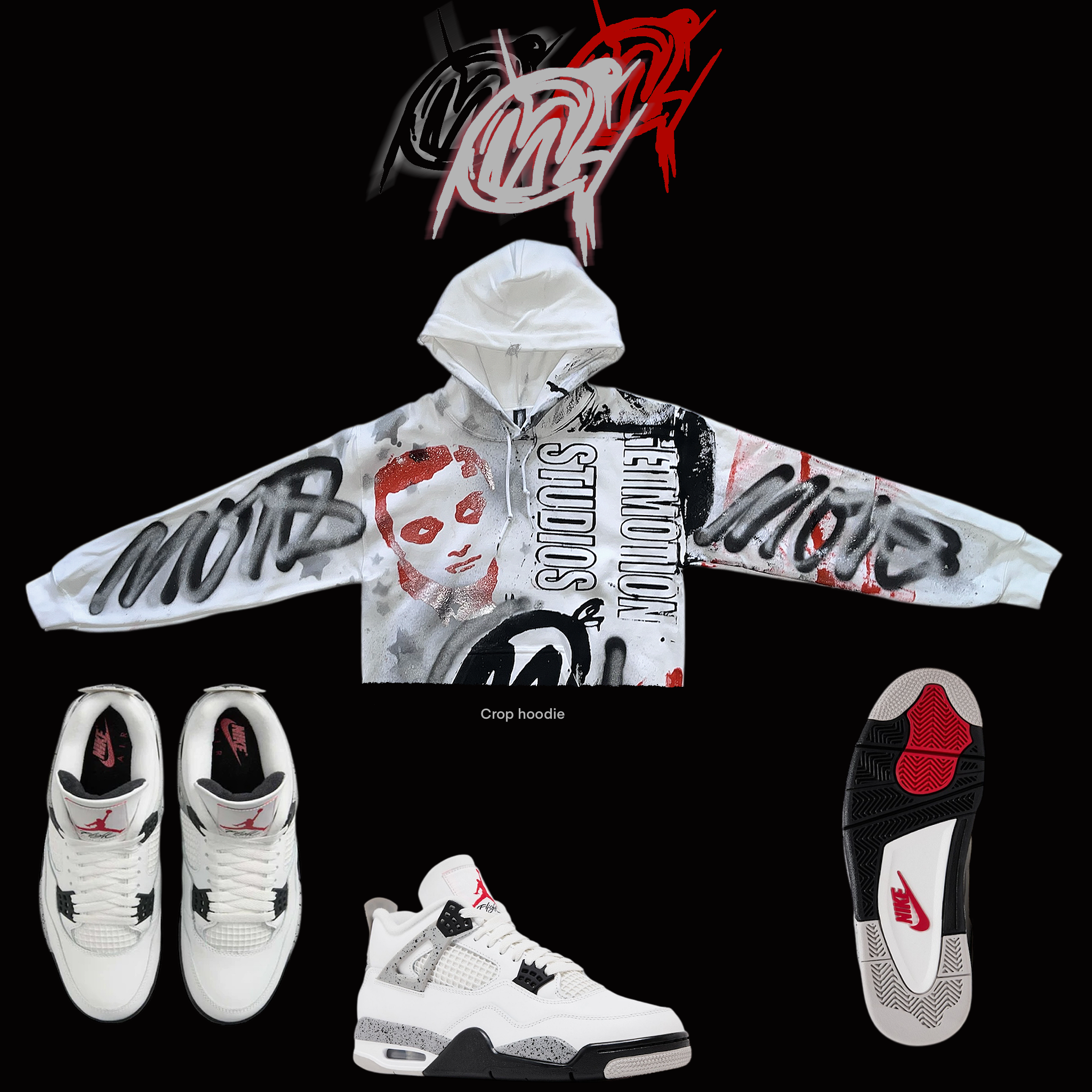 Crop White Cement  graffiti hoodie