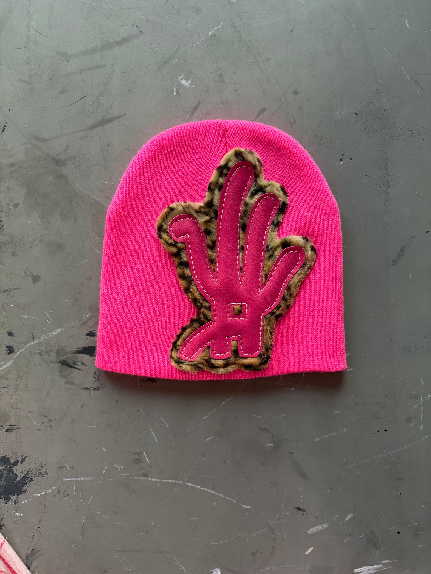 HOT PINK Pink Cheetah YKWYK Leather Patch Beanie