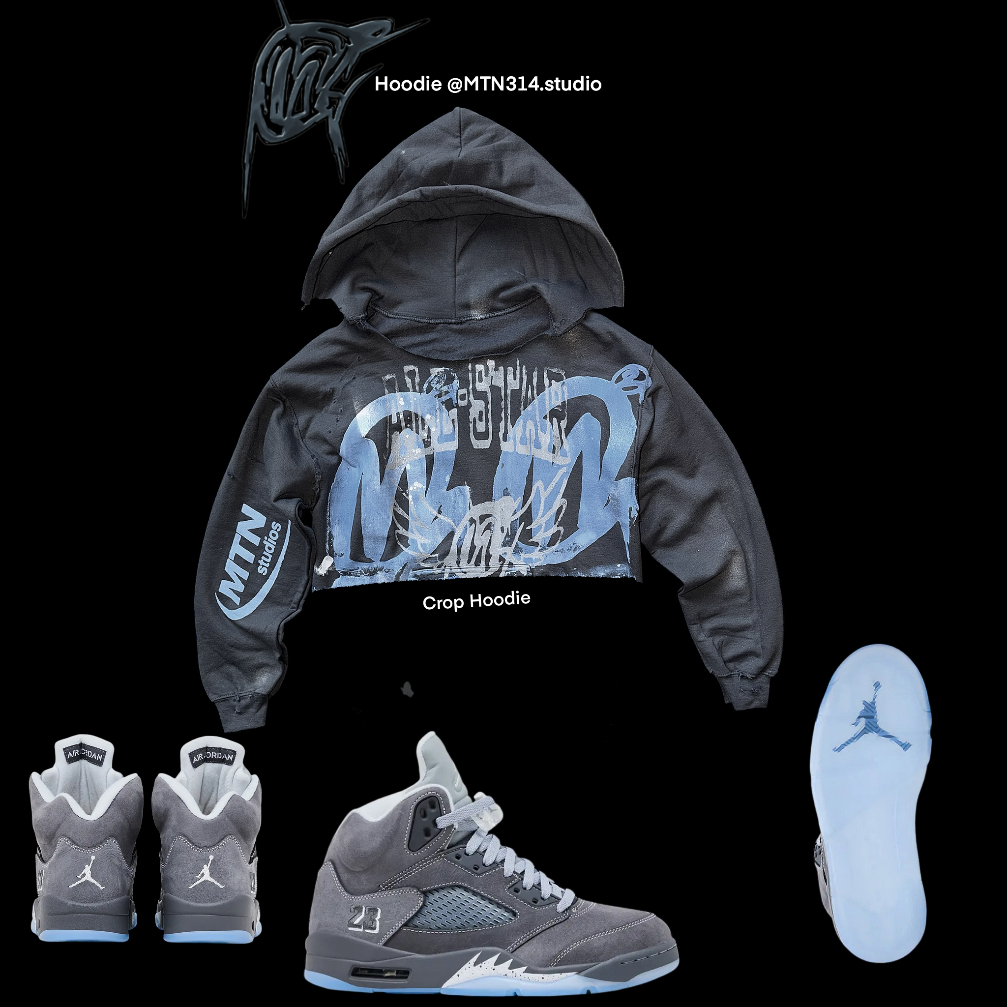 Crop Distressed wolf Grey 5s Graffiti Hoodie