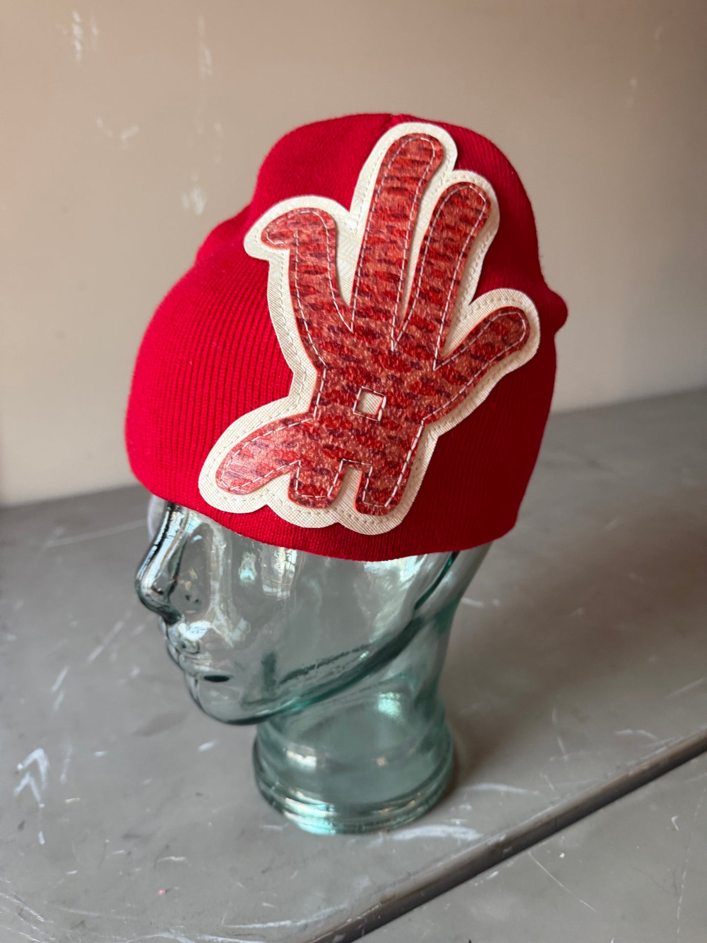 YKWYK red Leather Patch Beanie