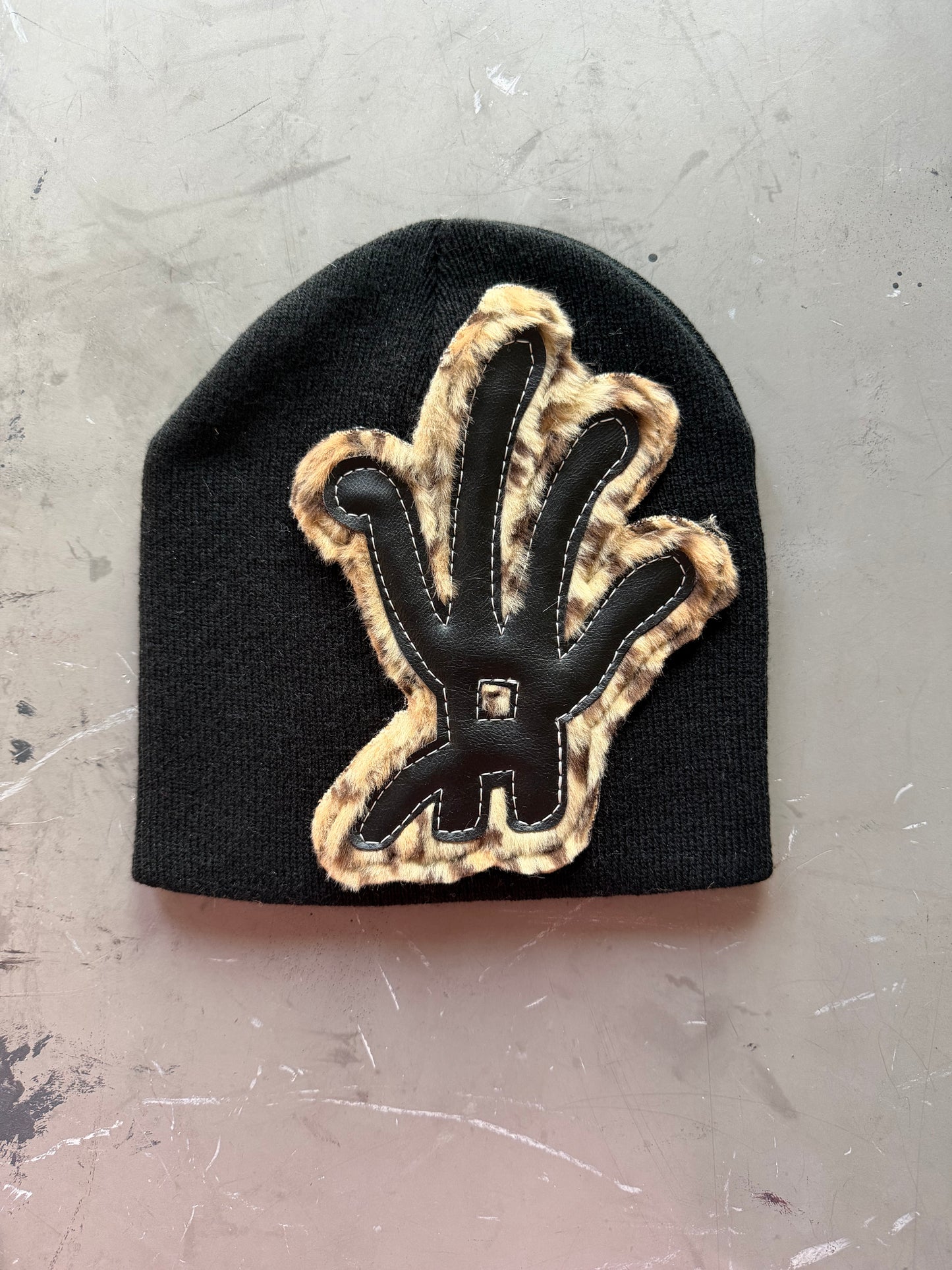 Cheetah Black YKWYK Leather Patch Beanie