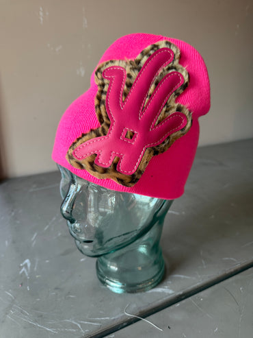 HOT PINK Pink Cheetah YKWYK Leather Patch Beanie