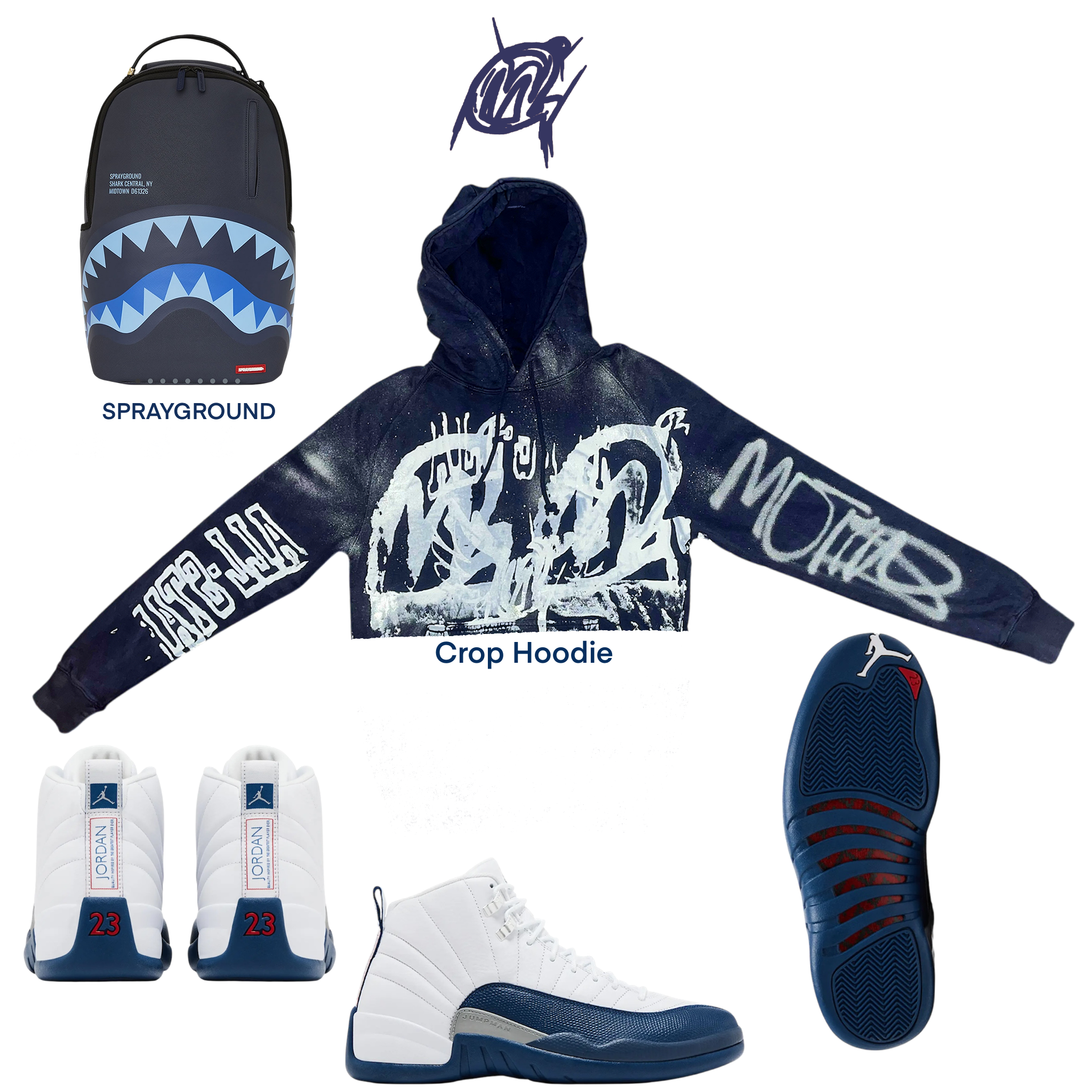 Crop French blue graffiti hoodie