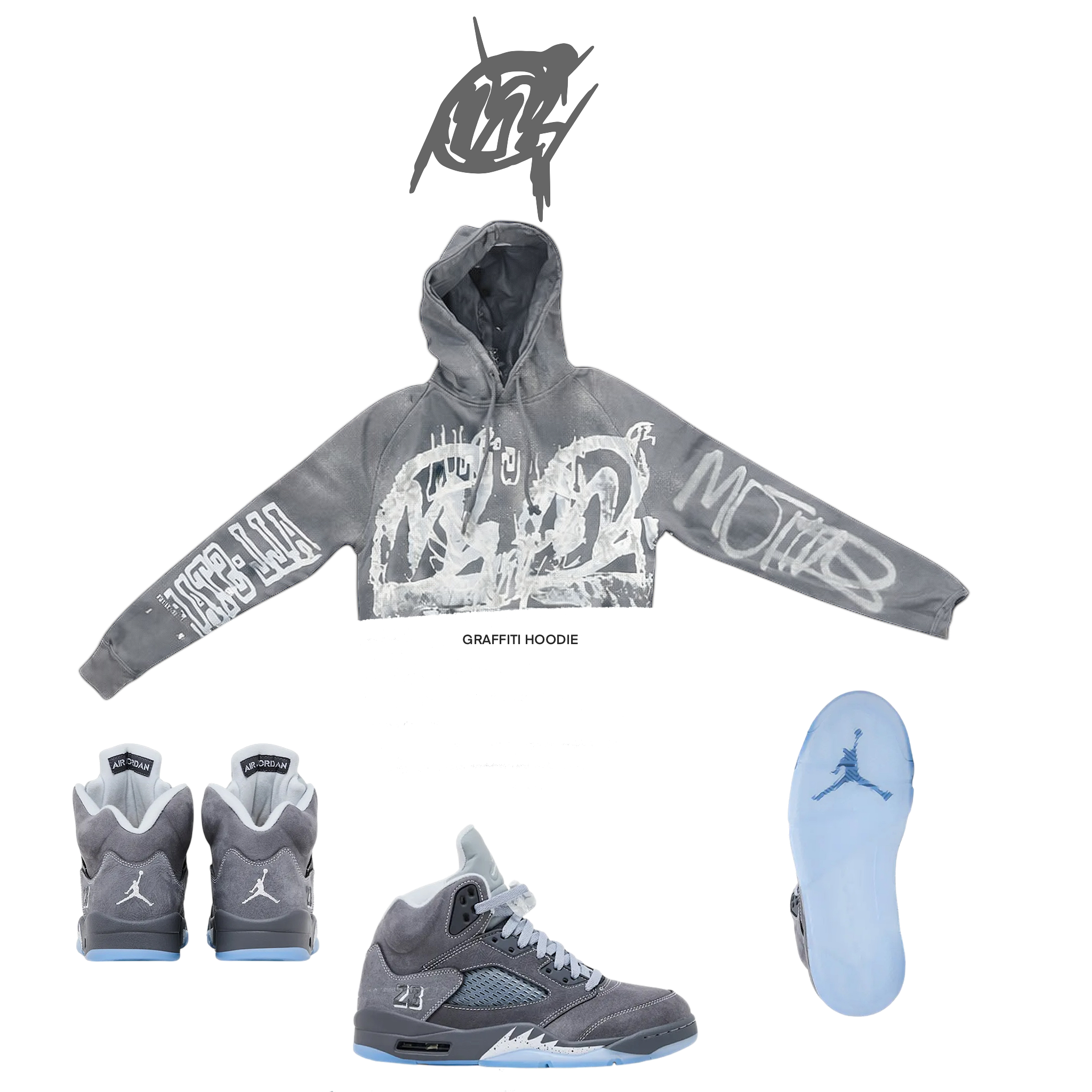 Crop wolf Grey 5s Graffiti Hoodie