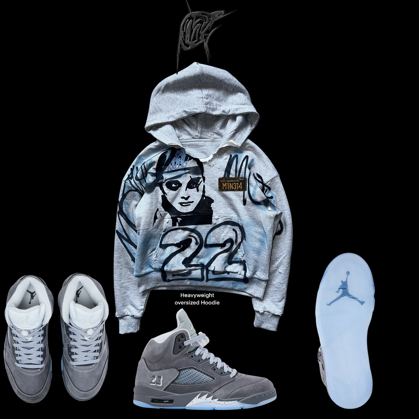 Distressed wolf Grey 5s HEAVYWEIGHT Graffiti Hoodie