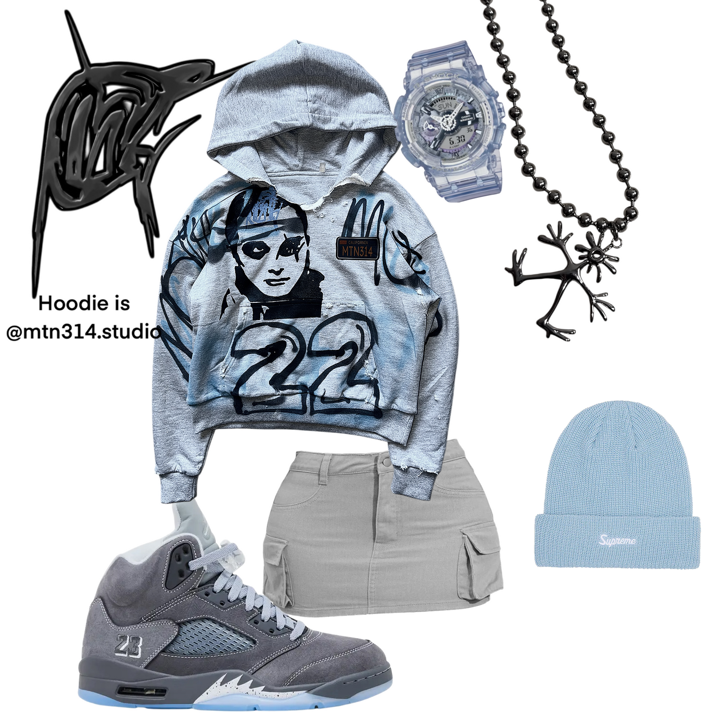 Distressed wolf Grey 5s HEAVYWEIGHT Graffiti Hoodie