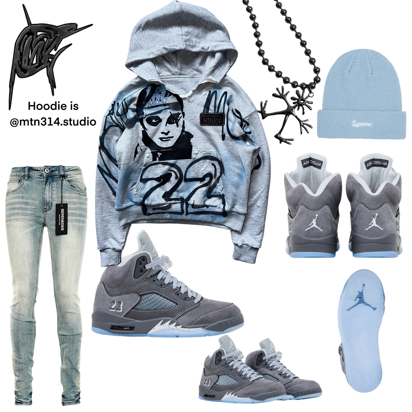 Distressed wolf Grey 5s HEAVYWEIGHT Graffiti Hoodie