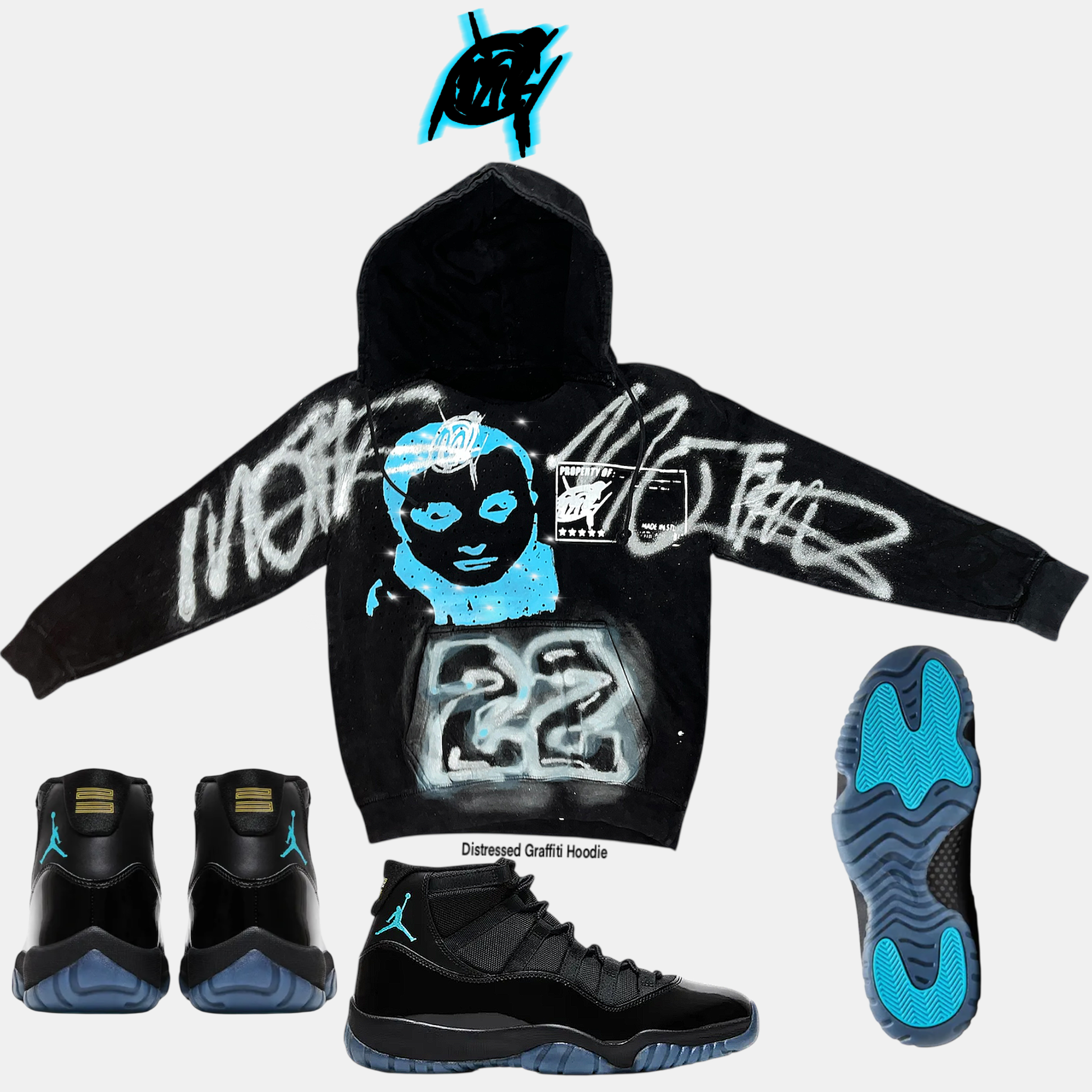 Rhinestone Gamma 11s  graffiti hoodie